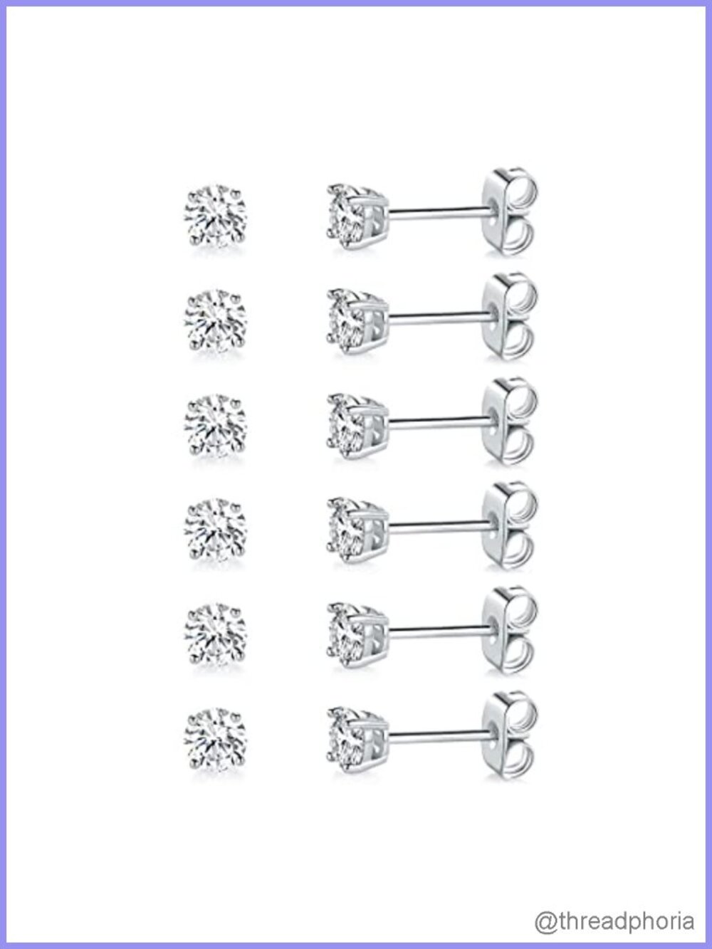 18k White Gold Plated Cubic Zirconia Stud Earrings Hypoallergenic Set of 6 Pairs